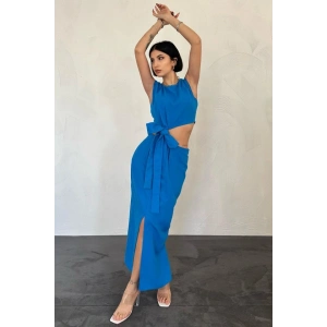 Turkuaz Kuşaklı Crop Ve Etek Takım