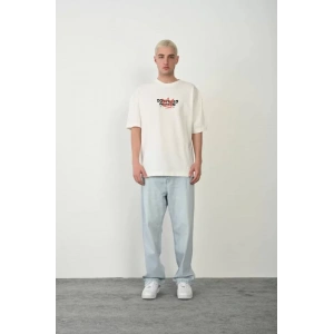 Unisex Baskılı Bisiklet Yaka Oversize Thirt  Beyaz