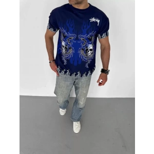 Unisex Bisiklet Yaka Baskılı Oversize Thirt  acivert