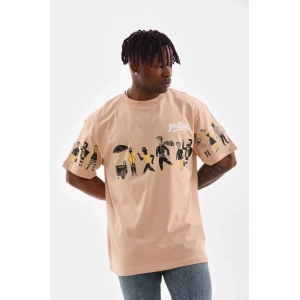 Unisex Bisiklet Yaka Baskılı Oversize Thirt  Bej