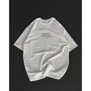 Unisex Bisiklet Yaka Baskılı Oversize Thirt  Beyaz