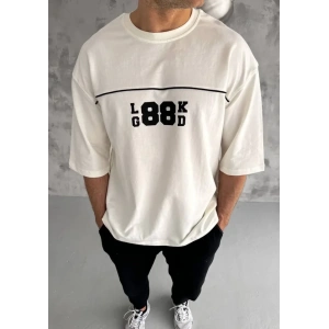 Unisex Bisiklet Yaka Baskılı Oversize Thirt  Beyaz