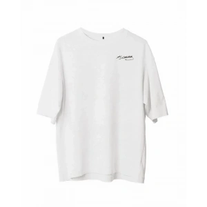 Unisex Bisiklet Yaka Baskılı Oversize Thirt  Beyaz