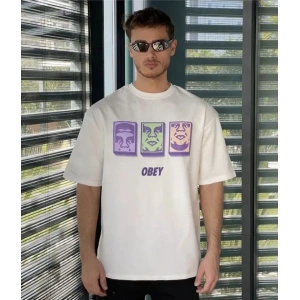 Unisex Bisiklet Yaka Baskılı Oversize Thirt  Beyaz