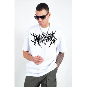 Unisex Bisiklet Yaka Baskılı Oversize Thirt  Beyaz