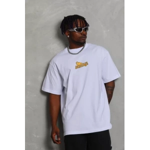 Unisex Bisiklet Yaka Baskılı Oversize Thirt  Beyaz