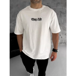 Unisex Bisiklet Yaka Baskılı Oversize Thirt  Beyaz