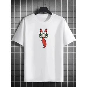 Unisex Bisiklet Yaka Baskılı Oversize Thirt  Beyaz