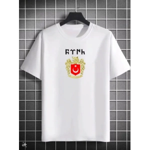 Unisex Bisiklet Yaka Baskılı Oversize Thirt  Beyaz