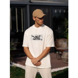 Unisex Bisiklet Yaka Baskılı Oversize Thirt  Beyaz