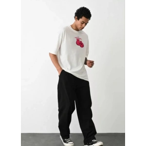 Unisex Bisiklet Yaka Baskılı Oversize Thirt  Beyaz