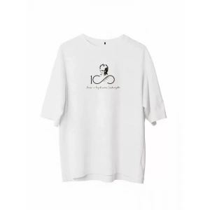 Unisex Bisiklet Yaka Baskılı Oversize Thirt  Beyaz