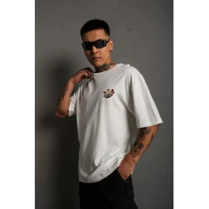 Unisex Bisiklet Yaka Baskılı Oversize Thirt  Beyaz