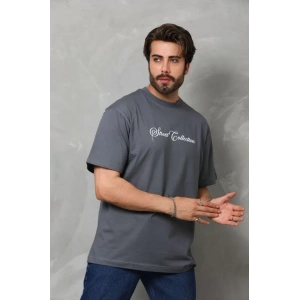 Unisex Bisiklet Yaka Baskılı Oversize Thirt  Füme