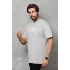 Unisex Bisiklet Yaka Baskılı Oversize Thirt  Gri