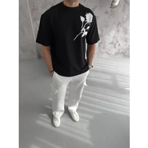 Unisex Bisiklet Yaka Baskılı Oversize Thirt  iyah