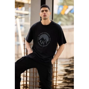 Unisex Bisiklet Yaka Baskılı Oversize Thirt  iyah