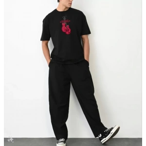 Unisex Bisiklet Yaka Baskılı Oversize Thirt  iyah