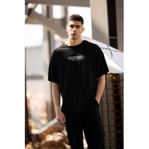 Unisex Bisiklet Yaka Baskılı Oversize Thirt  iyah