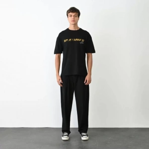 Unisex Bisiklet Yaka Baskılı Oversize Thirt  iyah