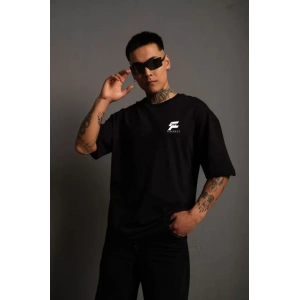 Unisex Bisiklet Yaka Baskılı Oversize Thirt  iyah