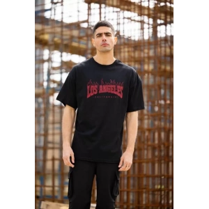 Unisex Bisiklet Yaka Baskılı Oversize Thirt  iyah