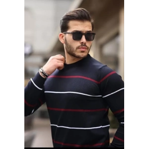 Unisex İnce Çizgili Bisiklet Yaka Triko Kazak  Siyah