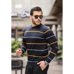 Unisex İnce Çizgili Bisiklet Yaka Triko Kazak  Siyah