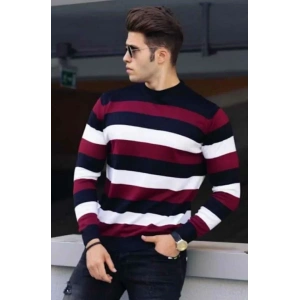 Unisex Kalın Çizgili Bisiklet Yaka Triko Kazak  Bordo