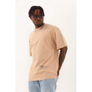 Unisex Oversize Baskılı Bisiklet Yaka Thirt  Bej