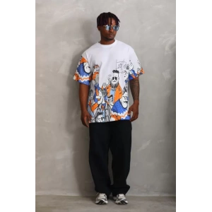 Unisex Oversize Baskılı Bisiklet Yaka Thirt  Beyaz