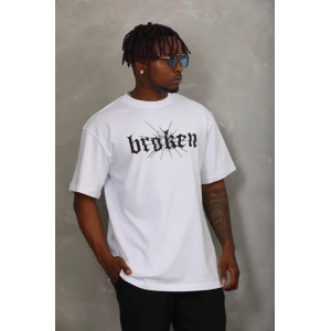 Unisex Oversize Baskılı Bisiklet Yaka Thirt  Beyaz