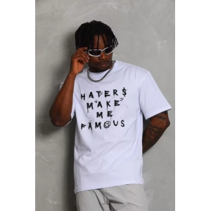 Unisex Oversize Baskılı Bisiklet Yaka Thirt  Beyaz