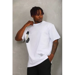 Unisex Oversize Baskılı Bisiklet Yaka Thirt  Beyaz