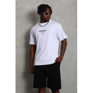 Unisex Oversize Baskılı Bisiklet Yaka Thirt  Beyaz