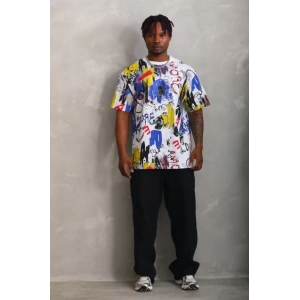 Unisex Oversize Baskılı Bisiklet Yaka Thirt  Beyaz