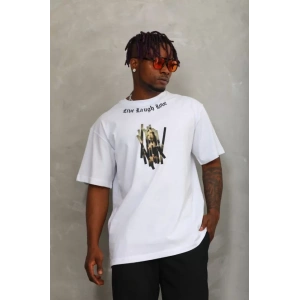 Unisex Oversize Baskılı Bisiklet Yaka Thirt  Beyaz