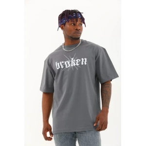 Unisex Oversize Baskılı Bisiklet Yaka Thirt  Füme