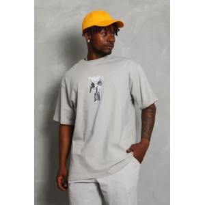 Unisex Oversize Baskılı Bisiklet Yaka Thirt  Gri