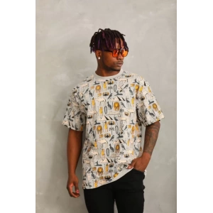 Unisex Oversize Baskılı Bisiklet Yaka Thirt  Gri