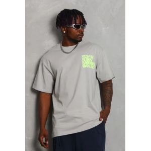 Unisex Oversize Baskılı Bisiklet Yaka Thirt  Gri