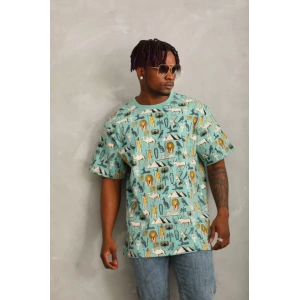 Unisex Oversize Baskılı Bisiklet Yaka Thirt  int Yeşili