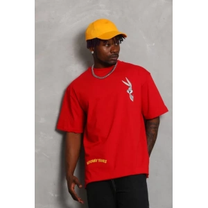 Unisex Oversize Baskılı Bisiklet Yaka Thirt  Kırmızı