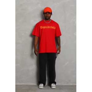 Unisex Oversize Baskılı Bisiklet Yaka Thirt  Kırmızı