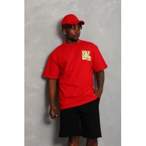 Unisex Oversize Baskılı Bisiklet Yaka Thirt  Kırmızı