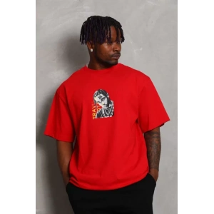 Unisex Oversize Baskılı Bisiklet Yaka Thirt  Kırmızı