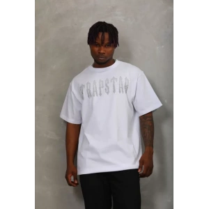 Unisex Oversize Taşlı Bisiklet Yaka Thirt  Beyaz