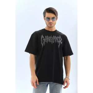 Unisex Oversize Taşlı Bisiklet Yaka Thirt  iyah