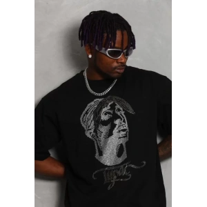 Unisex Oversize Taşlı Bisiklet Yaka Thirt  iyah