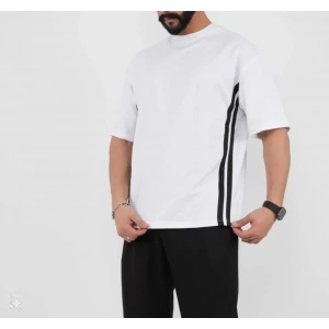 Unisex Oversize Yanları Şeritli Thirt  Beyaz